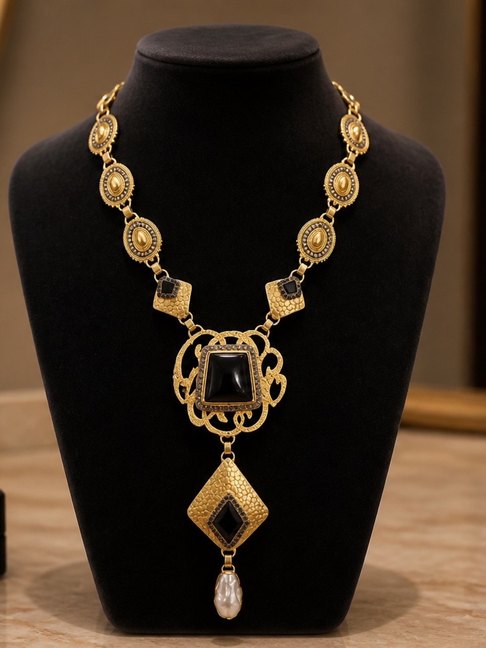 Bold Gold Tone Black Onyx Statement Necklace with Baroque Pearl Tassel - NW